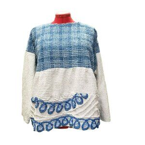 Upcycled Chenille Spread Blouse Salvaged Threads Textured Blue White Medium